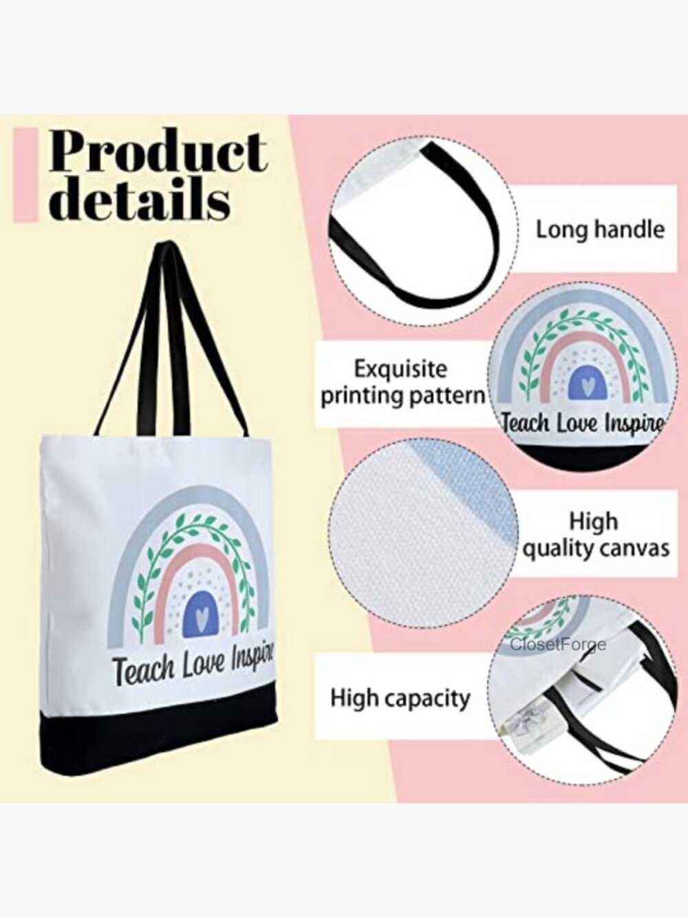 Set of 2 Teacher Tote Bags Canvas Reusable Grocery Shopping Bags - Picture 5 of 7